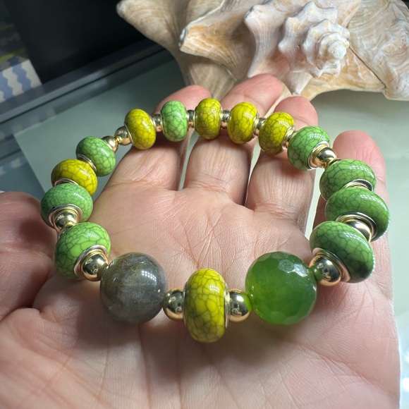 RARE TAIWAN JADE + LABRADORITE NATURAL STONES BRACELET size 7” - Picture 9 of 11